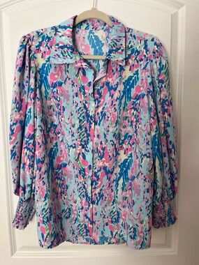 Source Unknown Pastel Abstract Button-Front Blouse in Pink, Blue & Mint